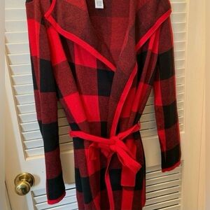 Red and Black Plaid Wrap Coat
